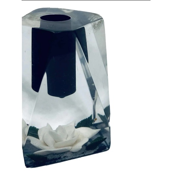 Vintage Clear Lucite Bircraft White Rose Candle Holder Paperweight USA Resin 3” - Picture 11 of 12